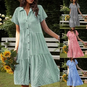 Summer Women Short Sleeve Check Button Shirt Dress Ladies Sundress Shirtdress - Picture 1 of 20