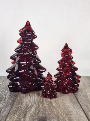 Ruby Red Glass Christmas Trees - Glass Holiday Decor - Set of 3 Glows! - Image 1 of 4
