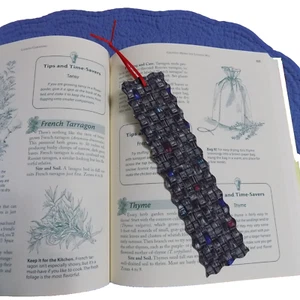 Bookmark Handmade Fabric Cloth Multi Colored Weave Themed Red Grosgrain Ribbon - Imagen 1 de 3