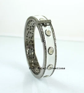 Enamel Bangle Natural Rosecut Diamond & Uncut Polki 925 Sterling Silver Bangle - Picture 1 of 3