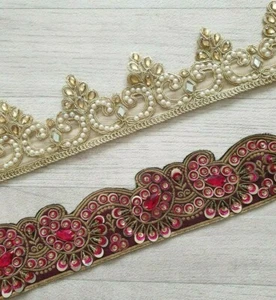 Gold Pearl Embroidery Indian Sari Border Lace Ribbon Trim Ethnic Craft 1 Yard - Picture 1 of 3