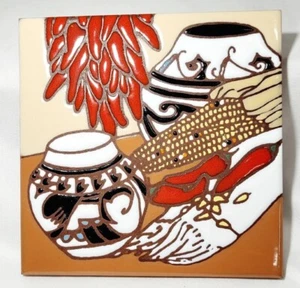 Vintage Earthtones Handcrafted Southwest Pottery Plentiful Chilies Art Tile - Picture 1 of 8