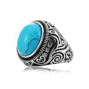 MENDEL Mens Simulated Oval Turquoise Stone Ring Men Stainless Steel Size 7 8-15 - Picture 1 of 44