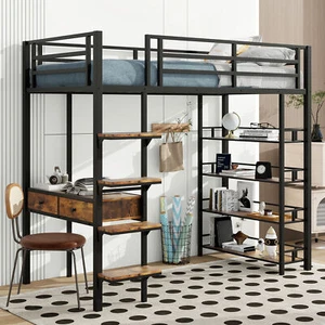 Twin Size Metal Loft bed with Desk and Shelves, Black - Picture 1 of 12