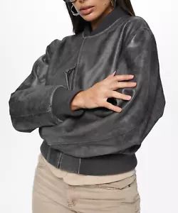 Chaqueta de cuero gris recortada vintage bombardero chaqueta de cuero de gran tamaño para mujer - Imagen 1 de 6