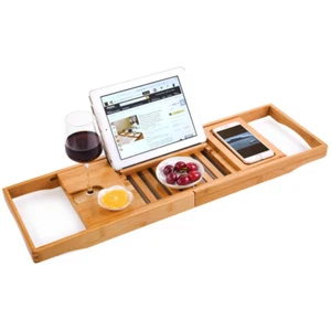 Extendable Bathroom Bamboo Bath Caddy Wine Glass Book Holder Tray Over Bath Tub - Picture 1 of 8