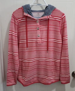 NEW St John's Bay Women's Knit Pullover Hoodie Quarter Snap Neck Pink Striped S - Picture 1 of 11