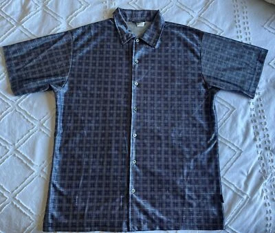 Vintage ODO Button Up Blue White Geometric Style Glossy Shirt Size Large Mens - Image 1 of 4