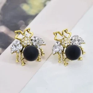 Luxury Vintage Style Elegant Crystal-Pearl-Black Bee Stud Earrings - Picture 1 of 9