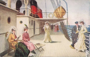 Life Aboard a Steamer Mid Ocean Antique Postcard 1910 Lifeboat Porthole Hats 530 - Bild 1 von 2