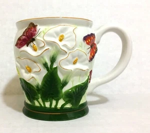 Floral Hand Painted Embossed 3D Ceramic Mug KKK brand Butterfly Calla Flowers - Picture 1 of 10