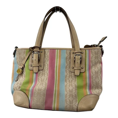 Bolso de Mano Fossil Rayas Lona Cuero Acento Beige Multicolor Llavero Dije Foto 1 de 4