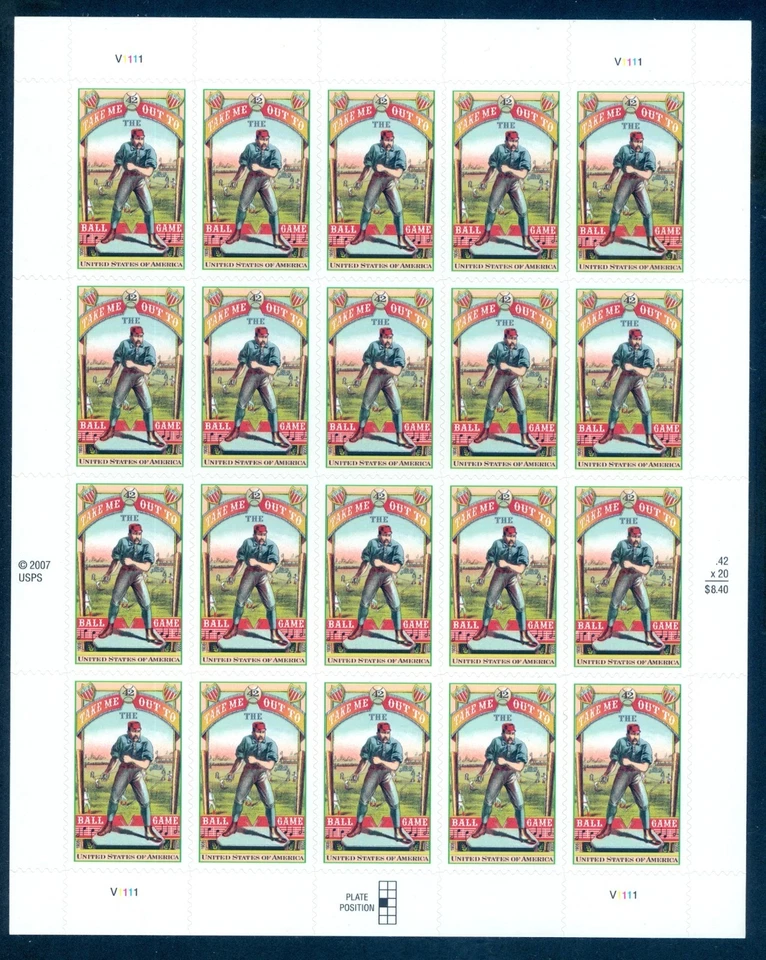 US 4341 Take Me Out To The Ballgame, Baseball, Complete Sheet/20,  Mint NH - Image 1 of 1