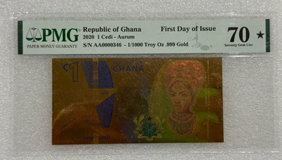 2020 Republic of Ghana 1 Cedi Freedom 1/1000 oz 24 KT Gold Note PMG 70 First Day - Image 1 of 4