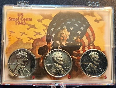 1943 P, D, S,Steel Cent Set,BU Condition, Error 1943-S, S Over S RPM MintMark - Image 1 of 4