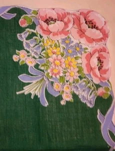 colorful Floral Bouquets on Green Handkerchief - Picture 1 of 2