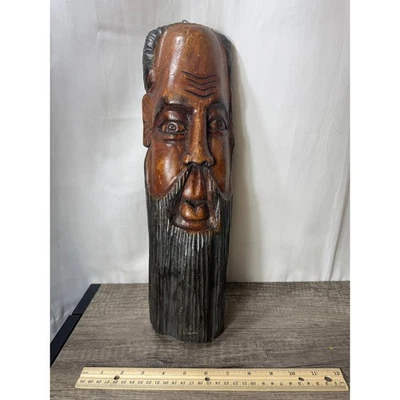 Arte de parede vintage grande esculpida à mão em madeira homem barbudo rosto tronco escultura arte popular - Imagem 1 de 4