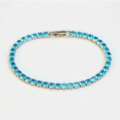 New Xmas Women Girl Jewelry Gifts 4MM Dia Swiss Blue Topaz Gems Silver Bracelets - Image 1 of 4