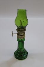Old 1970's Green Glass Miniature 5" Kerosene Oil Lamp w Matching Chimney Free Sh