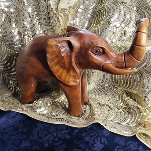 Vintage Hand Carved Wooden African Boho Elephant Figurine Brown 10" Collectible  - Picture 1 of 12