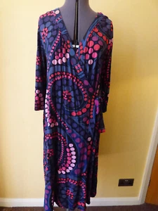KALIKO Black Blue Purple Pink Circles Jersey Long Sleeved Wrap Dress Size 16 VGC - Picture 1 of 24