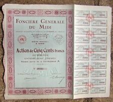 titre Action de 500 francs FONCIERE GENERALE DU MIDI 1929 ancienne collection