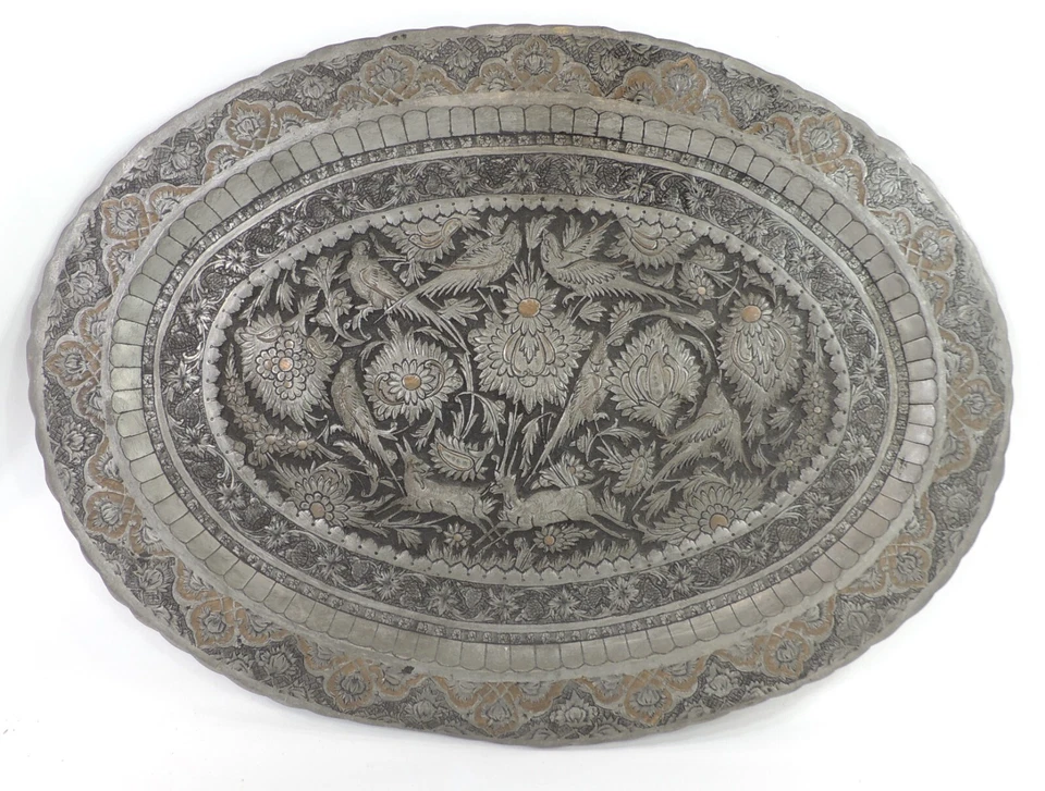 Antique Hand Carved Persian Oval Tinned Copper Wall Hanging Birds Antelopes 25" - Image 1 of 4