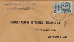 Wisconsin Cover 1948 COCHRANE to Farmers Mutual Auto Ins Madison Duplex cancel - Picture 1 of 3