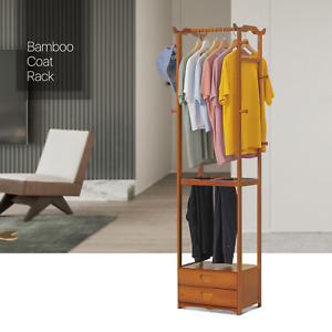 17"Brown Bamboo [2 DRAWERS+CLOTHING RAIL+PANTS HOLDER] Coat Rack Dresser w/Hooks