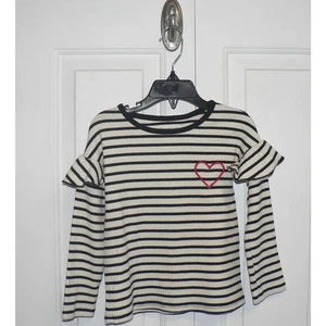 Tucker + Tate Ruffle Long Sleeve Embroidered Heart Top in Black & White Stripe 3 - Picture 1 of 3