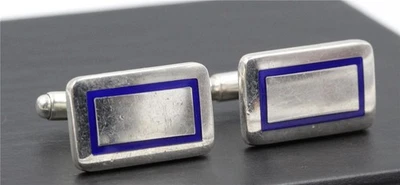 Estate Italy Cobalt Blue Enamel 925 Sterling Silver Rectangle Cufflinks - Image 1 of 4