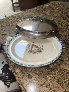 Buffalo Mfg Warming Chafing Dish Antique Stainless Steel Porcelain Bird & Lid F5 - Picture 1 of 16