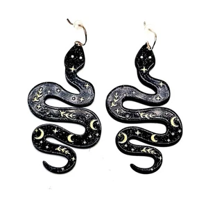 Celestial Snake Earrings, Black Resin with Gold Moons, Stars & Leaves, Boho Vibe - Picture 1 of 6
