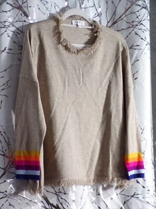 T H M L THML Tan Top Fringe Rainbow Striped Cuffs Size S Small - Picture 1 of 2