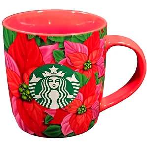 Starbucks Christmas Holiday Mug Cup 2020 Red Poinsettia Green Mermaid Logo - Picture 1 of 8