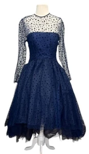 Arnold Scaasi Navy Blue Tiered Tulle Dress Sheer Velvet Polka Dot Overlay Medium - Picture 1 of 12