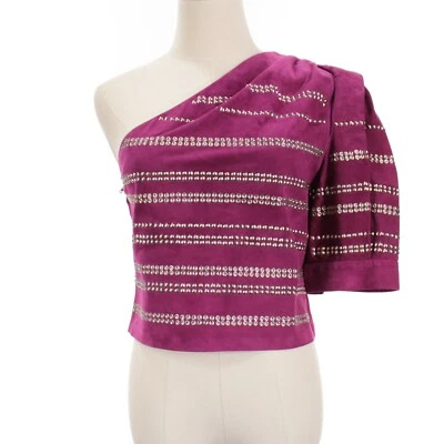 IRO NWD Moroni One Shoulder Studded Suede Leather Top Size 38 US 6 in Magenta - Photo 1/4