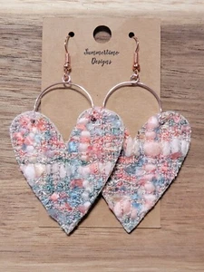 GENUINE Leather Backed Tweed Heart Earrings 3.5" Pink - Picture 1 of 1
