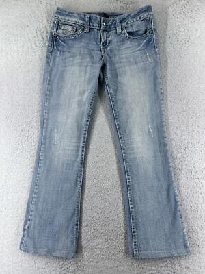 Pantalones de mezclilla para mujer Request 7 azul corte bootcut desgastado bordado 27x28 Foto 1 de 4