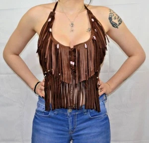 Handmade Navajo Style Bitter Chocolate Deer Hide Halter Top Beaded with Fringe - Picture 1 of 3