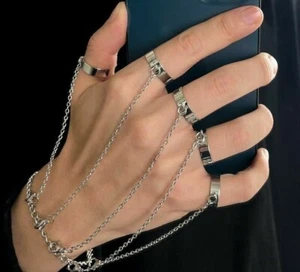 Punk Geometrische Kette Handgelenk Armband mit Ringen Charm Set Emo Mode Schmuck - Bild 1 von 22