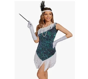 NEW 20's Flapper Cocktail Dress Costume Sequins SIZE LARGE 10 12 Green Halloween - Picture 1 of 3