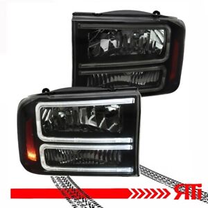 Smoked Headlights 99-04 Ford F250 F350 Super Duty Excursion Upgrade Dual C DRL