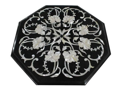 15" Black Marble Coffee Table Top Mop Inlay Marquetry Fine Art Decor - Image 1 of 4