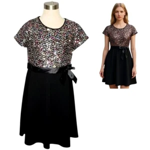 Three Pink Hearts Black Sequin Dress Girls XL Multi Color Sequins Short Sleeve - Picture 1 of 10