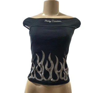Vintage Harley Davidson Women’s Off shoulder shirt Glitter Flame Y2K Grunge sz S - Picture 1 of 8
