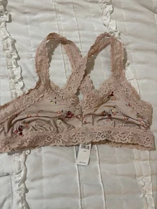 Aerie NWT Bra Womens Small Pink Floral Lace Trim Bralette Bra Wireless - Picture 1 of 4