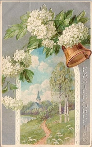 Postkarte - Ostergrüße weiße Blüten & Glocke über Kirchenszene im Frühling - Bild 1 von 2