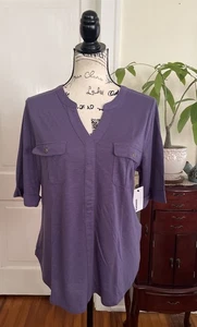 Neu mit Etikett Sonoma Damen lila V-Ausschnitt Fronttaschen Kurzarm Pullover Shirt Größe L - Bild 1 von 11