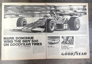 Goodyear Tires 1972 ganador de Indy 500 Mark Donohue anuncio de revista de 2 páginas - Imagen 1 de 7